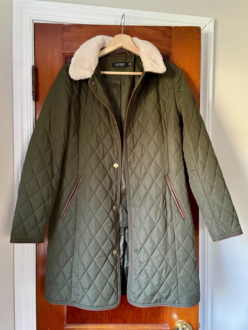 Ralph Lauren Olive Quilted Puffer Coat with Faux Sherpa Collar